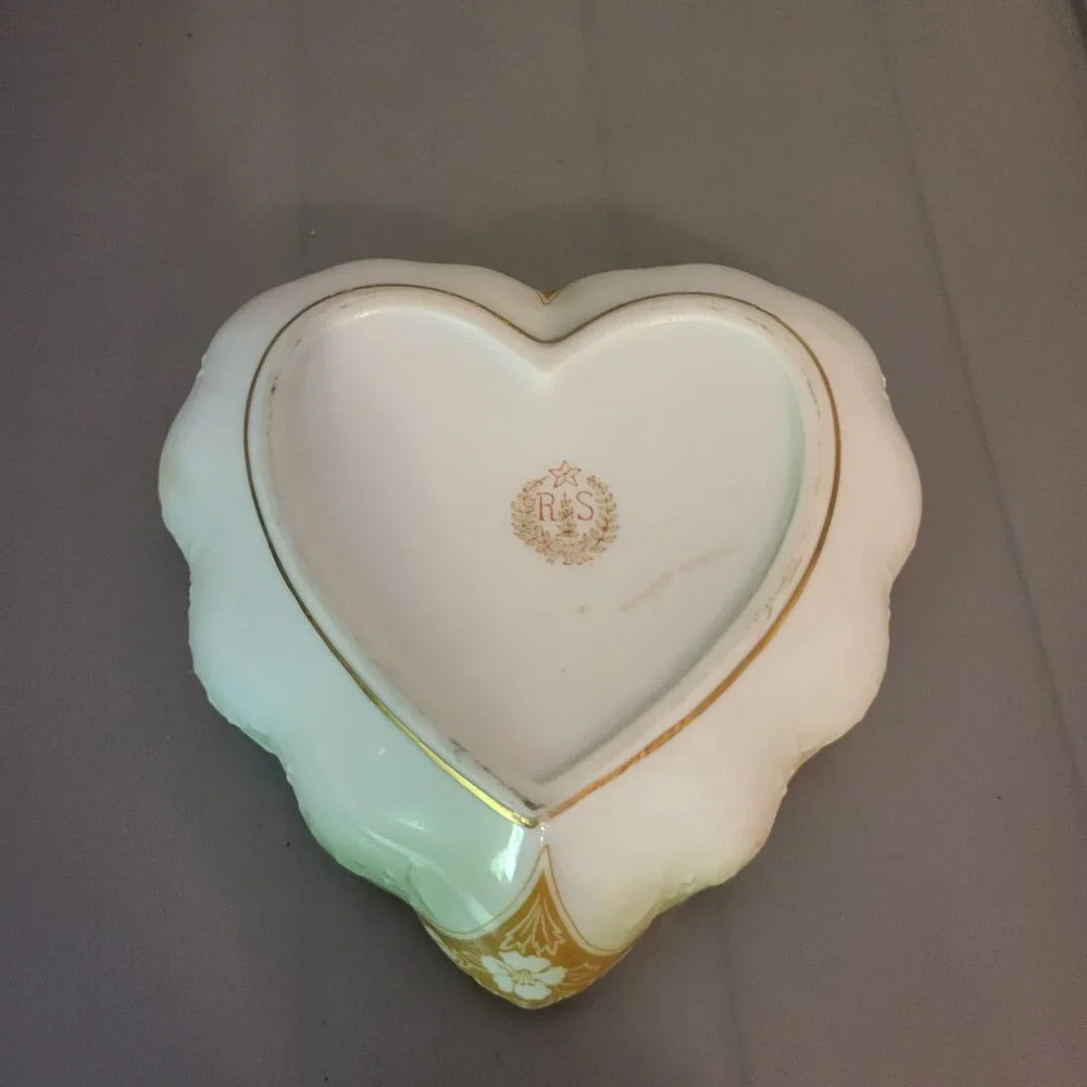 Vintage RS Prussia Trinket Dresser Dish Heart Shaped W/Gold & Trim Pink & Green